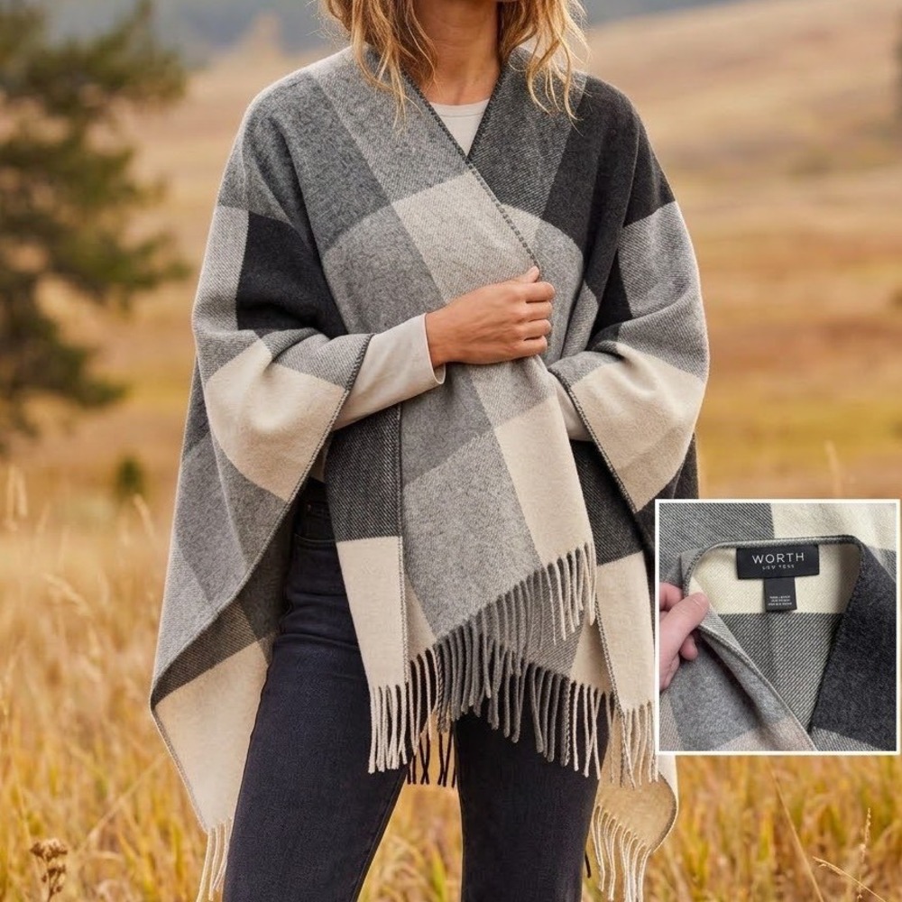 Worth New York 100% Wool Plaid Poncho Wrap Carmelite Cream Grey Fringe One Size